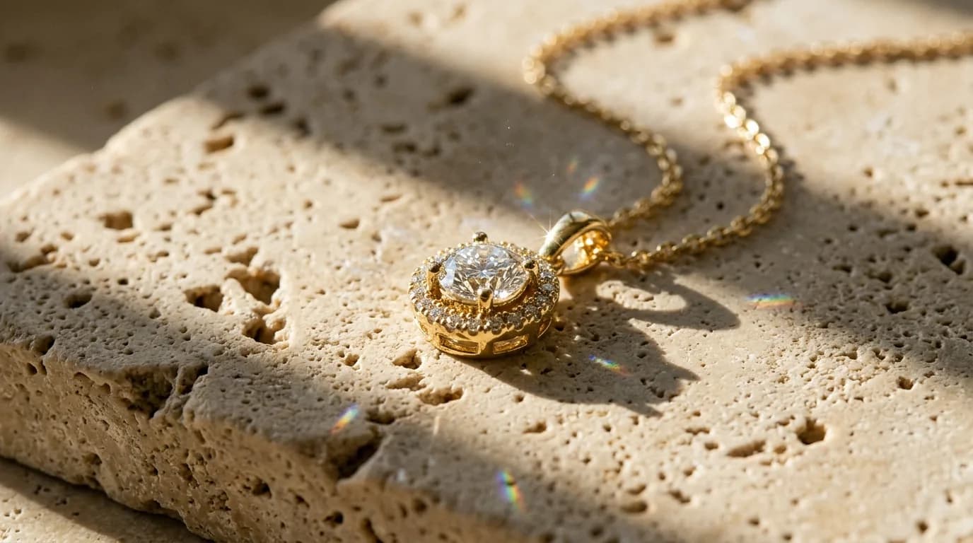 Macro 4K sunlight sparkle shot of an 18K gold pendant necklace reflecting radiant light on neutral travertine stone