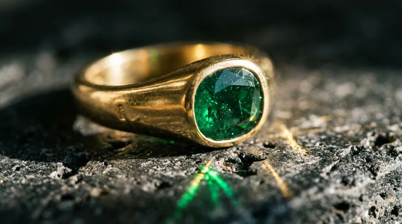 Luxury 18K solid gold and gemstone ring in direct sunlight demonstrating prong craftsmanship and sparkle refraction