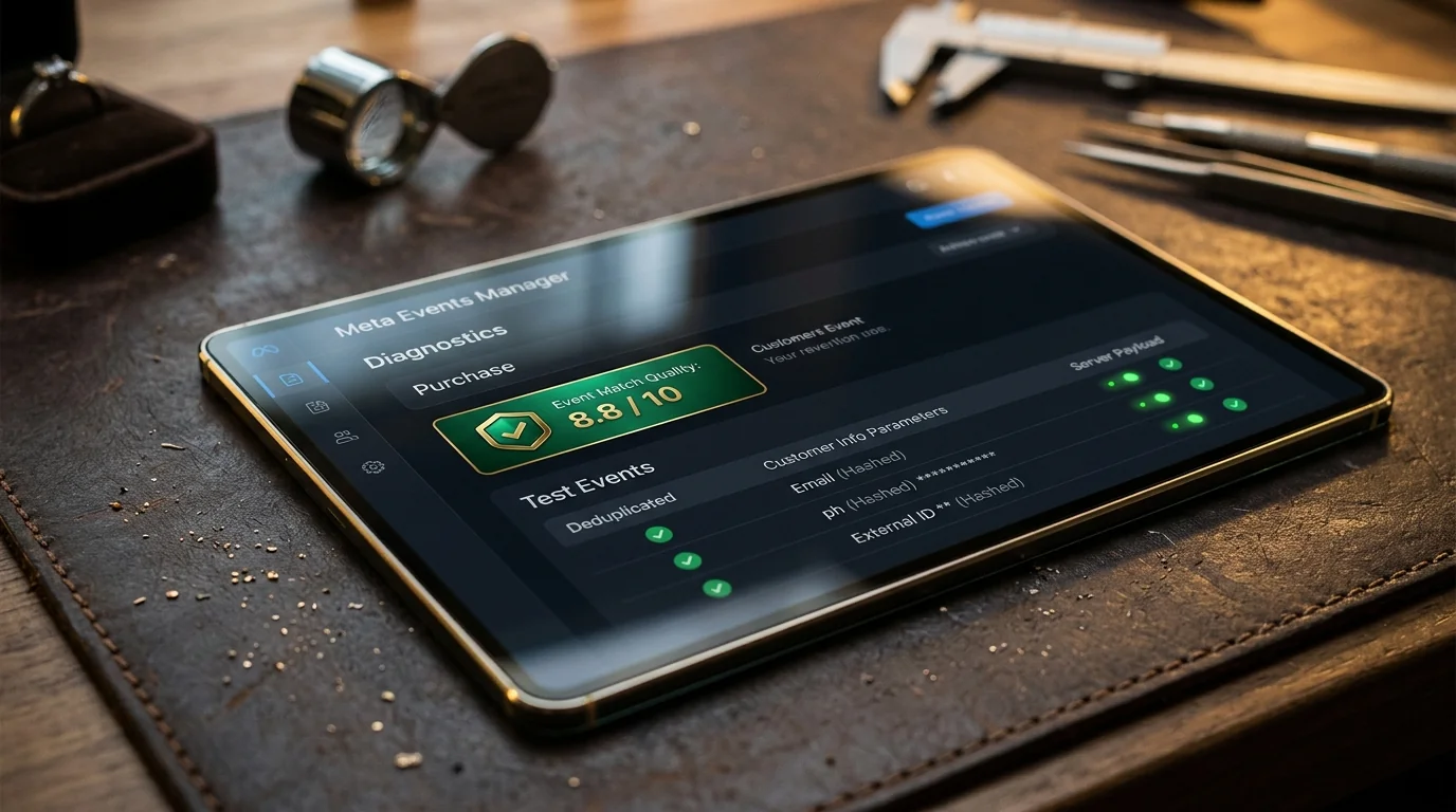 Meta Events Manager diagnostics dashboard displaying verified 8.8 Event Match Quality score